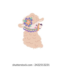 Cute alpaca face, vector illustration isolated on white background. Drawn in simple cartoon style. Kind adorable animal for children design. Funny and happy cheerful lama. Colorful picture