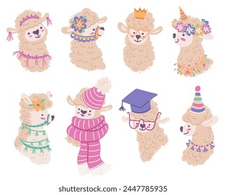 Cute alpaca faces, set of cartoon style vector illustration isolated on white background. Kind adorable animals in funny decorations and outfits. Funny and happy cheerful llamas for children design.