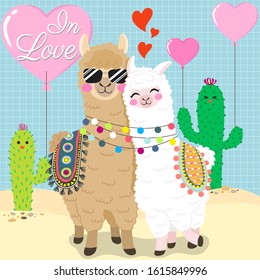 Cute alpaca fall in love vector. Two alpacas in desert background with lovely cactus hold pink heart balloons. Vector illustration for valentine theme.