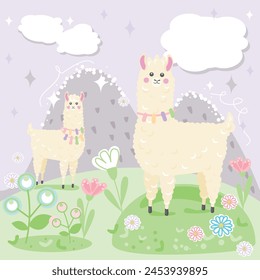 Cute alpaca with flowers and clouds. Vector illustration.