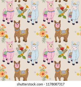 Cute alpaca and flowers seamless pattern.