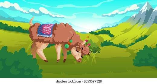 Cute alpaca grazes on meadows in peruvian mountains. Vector cartoon illustration of Andes landscape with snow rocks, green grass and funny llama. Guanaco in Chile highland