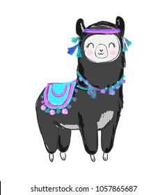 Cute Alpaca, Hand Drawn Tribal Llama Vector Illustration 