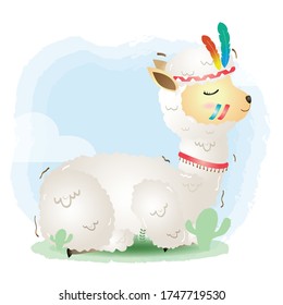 a cute alpaca in a headdress with feathers. Cartoon apache alpaca. Vector illustration