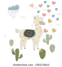 Cute Alpaca with hearts. Vector Illustration