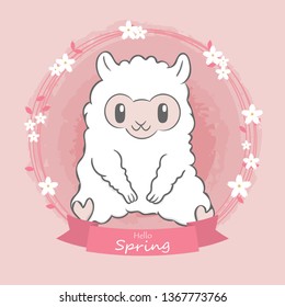 Cute alpaca hello spring cartoon hand drawn vecter illustration. Use for greeting and invitation card.
