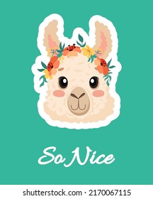 Cute alpaca lama head with flower crown. Design for nursery decoration, poster, birthday greeting cards, baby shower, textile printing. Vector cartoon children illustration 