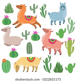 Cute alpaca lamas. Wildlife vector llama characters. Wildlife alpaca and green cactus illustration