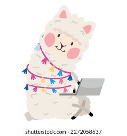 Cute alpaca with laptop vector