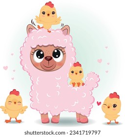 Cute Alpaca and Little Chickens are playing Vector