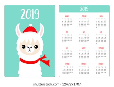 Cute alpaca llama face. Red hat, scarf. Pocket calendar layout 2019 new year. Vertical orientation. Week starts Sunday. Cartoon funny kawaii baby character. Flat design. Blue background