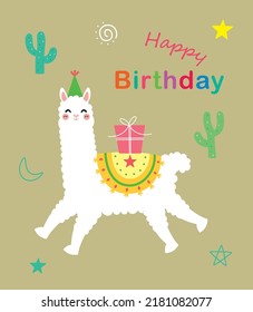 cute alpaca llama happy birthday greeting card vector