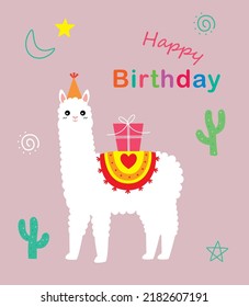 cute alpaca llama happy birthday greeting card vector
