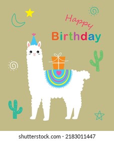 cute alpaca llama happy birthday greeting card vector