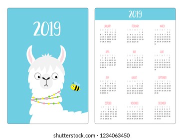 Cute alpaca llama looking at bee. Simple pocket calendar layout 2019 new year. Week starts Sunday. Vertical orientation. Cartoon kawaii funny baby character. Flat design. Blue background. Vector