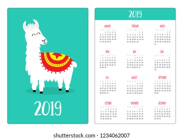Cute alpaca llama. Simple pocket calendar layout 2019 new year. Week starts Sunday. Vertical orientation. Cartoon kawaii funny baby character. Flat design. Green background. Vector illustration