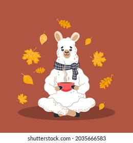 A cute alpaca (llama) is sitting in the lotus position and drinking a hot drink (tea). Vector cozy autumn illustration with a llama and autumn falling leaves for posters, postcards, prints, web design