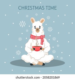 A cute alpaca (llama) is sitting in the lotus position and drinking a hot drink. Vector cozy winter illustration with a llama and snowflakes for posters, postcards, prints, web design. Christmas Time