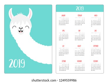 Cute alpaca llama smiling face head. Simple pocket calendar layout 2019 new year. Vertical orientation. Week starts Sunday. Cartoon funny kawaii baby character. Flat design. Blue background. Vector