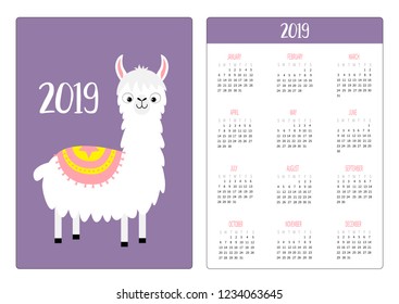 Cute alpaca llama smiling. Simple pocket calendar layout 2019 new year. Week starts Sunday. Vertical orientation. Cartoon kawaii funny baby character. Flat design Violet background Vector illustration