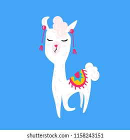 Cute alpaca Llama vector illustration. Funny animal colorful flat design for nursery, poster, greeting card, T shirt.