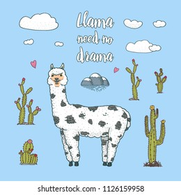Cute Alpaca Llamas or wild guanaco on the background of Cactus and mountain. Funny smiling animals in Peru for cards, posters, invitations, t-shirts. Hand drawn Elements. Engraved sketch.