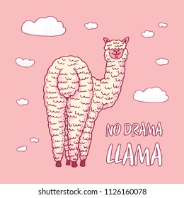 Cute Alpaca Llamas or wild guanaco on the background of Funny smiling animals in Peru for card poster invitation t-shirt. Hand drawn Elements. Engraved sketch.