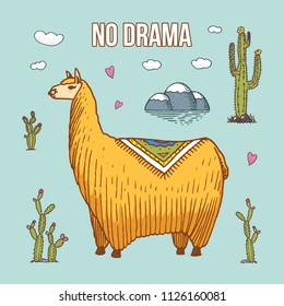 Cute Alpaca Llamas or wild guanaco on the background of Cactus and mountain. Funny smiling animals in Peru for cards, posters, invitations, t-shirts. Hand drawn Elements. Engraved sketch.