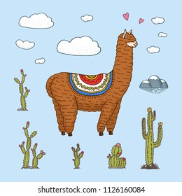 Cute Alpaca Llamas or wild guanaco on the background of Cactus and mountain. Funny smiling animals in Peru for cards, posters, invitations, t-shirts. Hand drawn Elements. Engraved sketch.