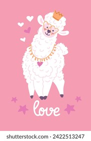 Cute alpaca in love, card with vector illustration on pink background. Drawn in simple cartoon style. Kind adorable animal for design. Funny and happy cheerful lama. Colorful picture