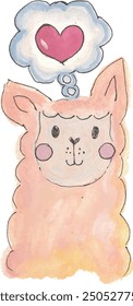 Cute alpaca and love hand drawn watercolour illustration clipart nursery print and design