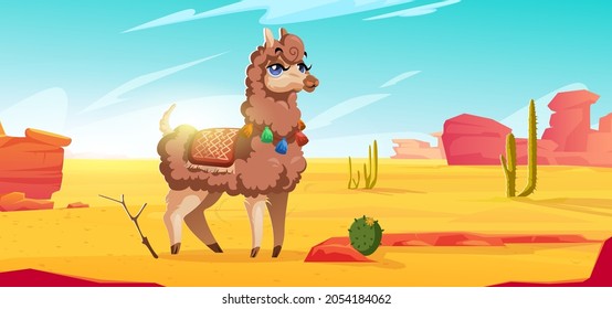 Alpes en el desierto mexicano con montañas rojas, arena y cactús. Dibujo vectorial del paisaje desértico con rocas, cactus y llama divertida. Guanaco en México