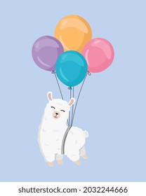 Rute Alpaca auf den Ballons. Ideal für Kindergartendesign, Poster, Geburtstagskarte.  Herzlichen Glückwunsch zum Geburtstag.  Flache Vektorgrafik.