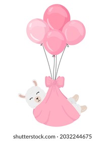 Cute alpaca on the balloons. Great for nursery design, poster, birthday greeting card. Baby Shower. It's a girl. Flat vector cartoon illustration.