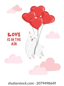 Cute alpaca on the balloons. Happy Valentine's day greeting card. Love is in the air. 