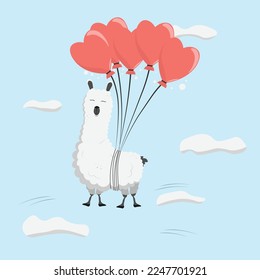 Cute alpaca on the balloons. Happy Valentine's day greeting card. Illustration for posters, greeting cards and seasonal design.