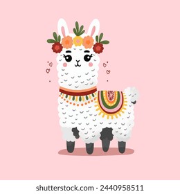 Cute alpaca on a pink background and in the form of a heart and a star. The character of a cute alpaca in any action. some alpaca is sitting and standing. Alpaca in a wreath of flowers.