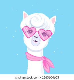 Cute alpaca in pink glasses and a scarf, vector illustration