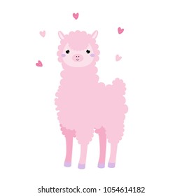 Cute alpaca. Pink llama. Cartoon lama with hearts. Kawaii style vector illustration. Isolated clip art, sticker