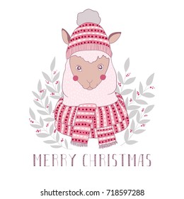 Cute alpaca with scarf and hat. Merry christmas vector greeting card. Hand drawn vector illustration.