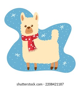 Cute alpaca in a scarf vector isolated illustration. Cute hand drawn art. Design for card, sticker , fabric textile, t shirt. Children, kid modern trendy style