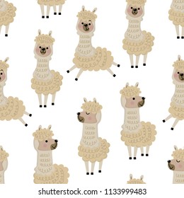 Cute alpaca seamless pattern. Animal wildlife cartoon character background. Vector in flat style.