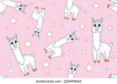 Cute alpaca seamless pattern. Kawaii animal. Pastel color kid food dessert bakery product fabulous fashion child decoration cafe shop, Invitation post, t shirt