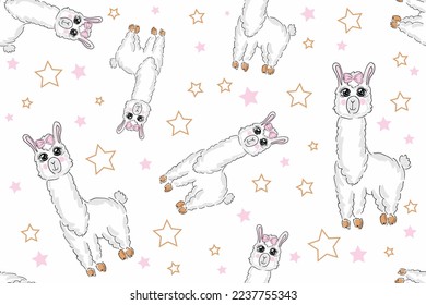 Cute alpaca seamless pattern. Kawaii animal. Pastel color kid food dessert bakery product fabulous fashion child decoration cafe shop, Invitation post, t shirt