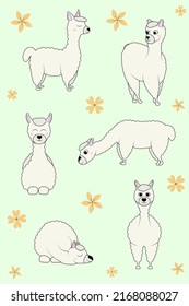 Cute alpaca set. Lovely animal, llama, flowers.