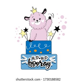 Cute alpaca is sitting in the cake and the inscription Hip Hip Hooray. Birthday card. Vector illustration