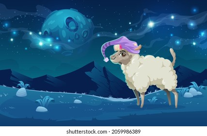 Cute alpaca in sleeping hat on meadows in peruvian mountains at night. Vector cartoon illustration of funny llama with hair curlers and landscape with rocks, grass, moon and stars in sky