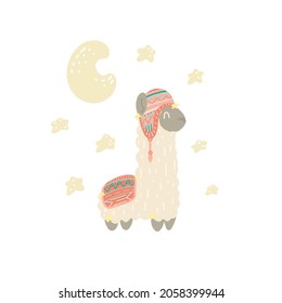 Cute alpaca with stars and a crescent moon on white background. Vector hand drawn flat illustration with llama in tribal clothing for nursery poster, card and banner. Night counting stars.