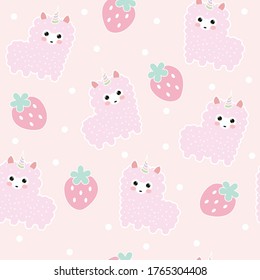 Cute alpaca with strawberry seamless pattern.