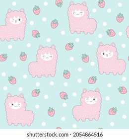 Cute alpaca mit Erdbeeren, nahtloses Muster. (Kawaii-Tier): Pastellfarben-Dessertgebäck Produkt fabelhafte Mode-Kinderdekoration Café, Einladung Post, T-Shirt